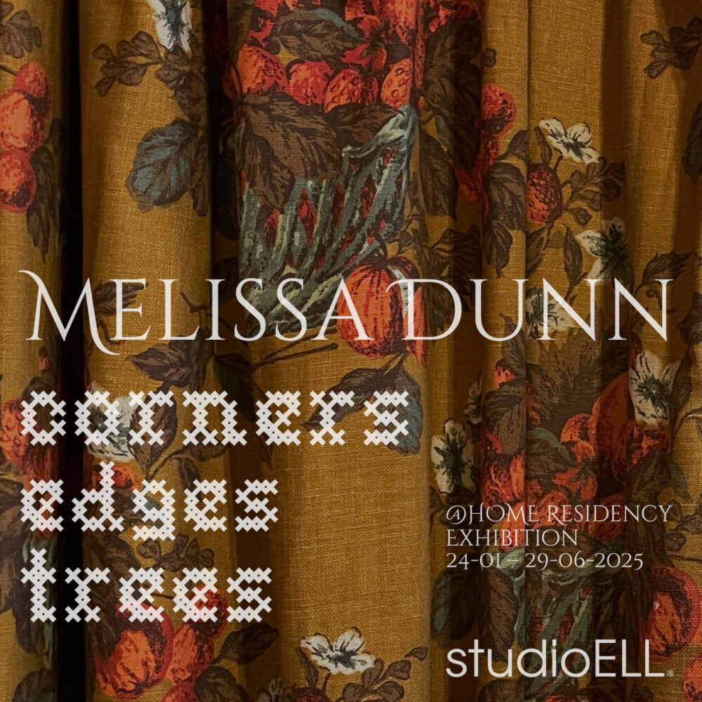 card for @HOME RESIDENCY EXHIBITION Melissa Dunn: Edges, Corners, Trees. exhibition information in white text over an ochre, vermillion and green flowered curtain.